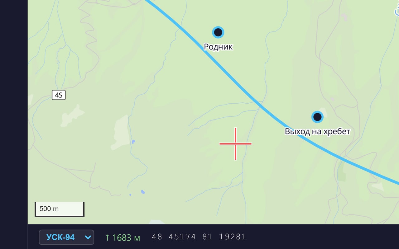 Нижняя панель AlphaQuest: выбранная система координат УСК-94, высота точки и её координаты
