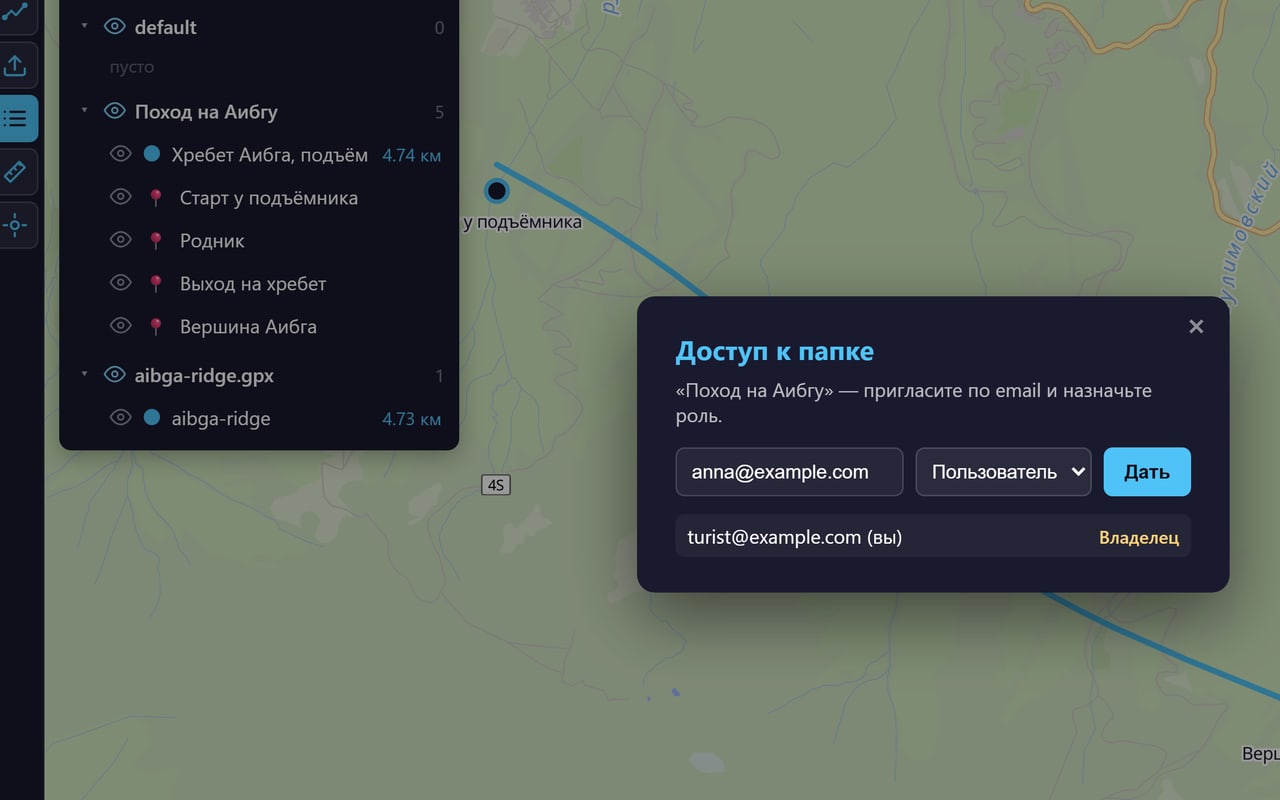 Окно «Доступ к папке» в AlphaQuest: поле для адреса почты, выбор роли и список участников с пометкой владельца